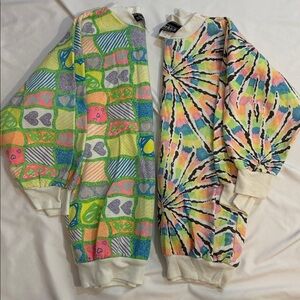 Youth 80s Vintage Crewneck Sweatshirt Bundle, Tie Dye, Neon Rainbow Hearts 10/12